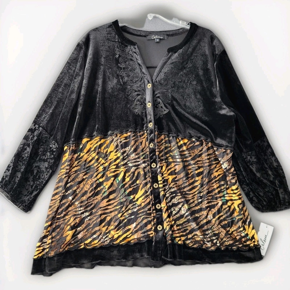 Calessa Art to Wear 2X Black Animal Print Velvet Burn Out Embroidered Dark Fairy